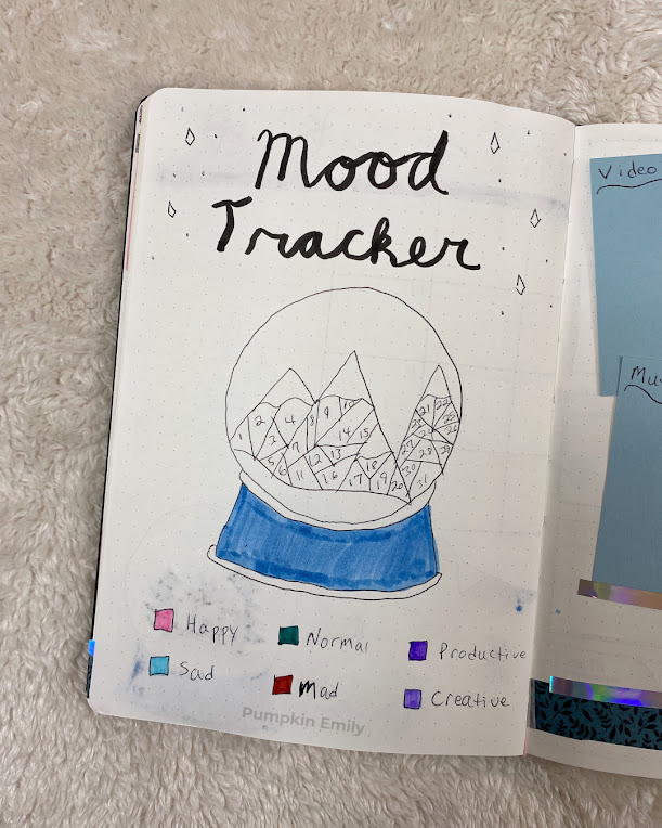 A mountain snow globe mood tracker.