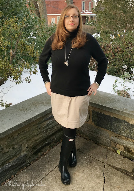 Aventura Skirt, Paired with a Black Cashmere Turtleneck and Hunter Wellies