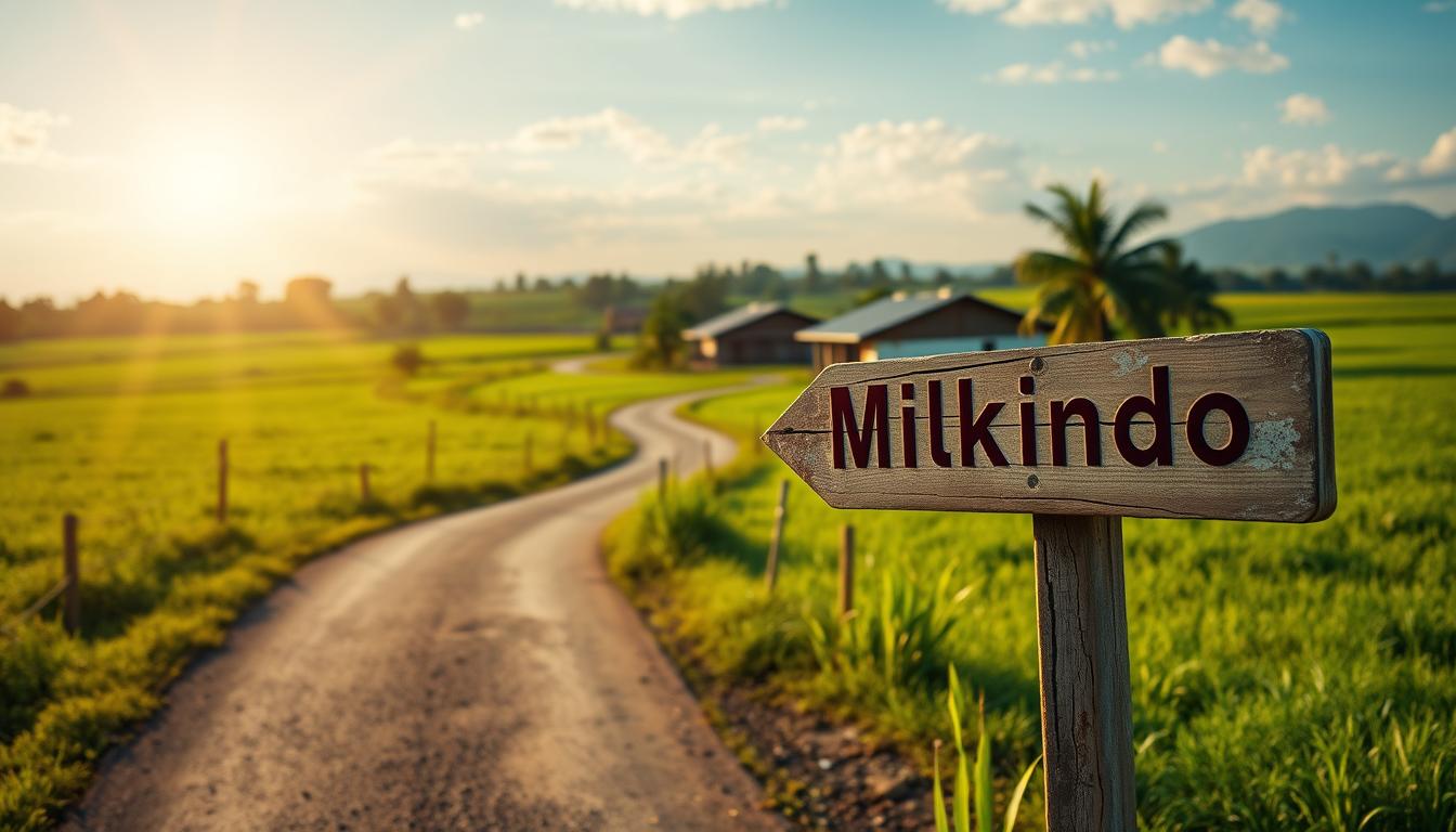 Sebuah jalan pedesaan yang disinari matahari berkelok melewati hamparan ladang hijau subur, mengarah ke destinasi pedesaan yang menawan. Di cakrawala, sekumpulan bangunan bergaya rustic muncul, dengan atap merah dan dinding putih yang memantulkan hangatnya matahari Malang. Di latar depan, sebuah papan petunjuk tua menunjukkan arah ke "Milkindo", atraksi bertema susu yang mengundang pengunjung untuk menjelajahi lanskap penuh keajaiban. Pemandangan ini membangkitkan rasa ketenangan dan petualangan, mengajak siapa pun untuk menemukan pesona destinasi Dolen.id yang menawan.