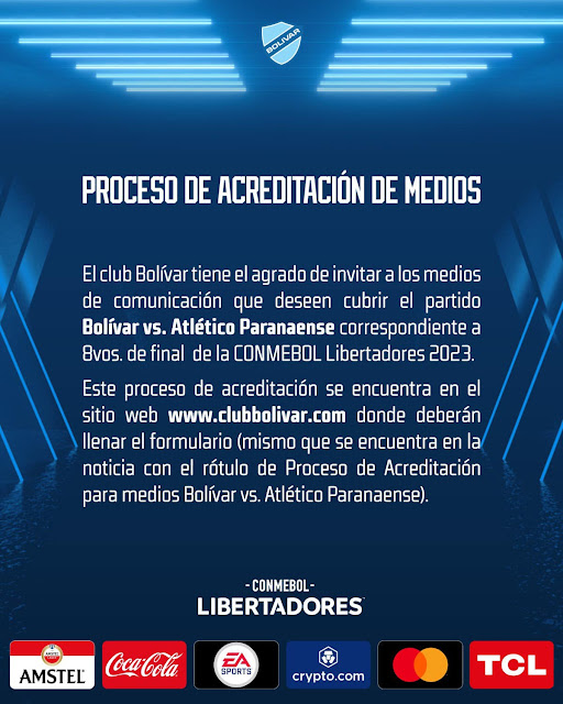 El Club Bolívar invita a los medios de comunicación a acreditarse para la cobertura del partido Bolívar vs. Athletico Paranaense