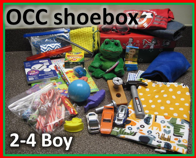 Operation Christmas Child shoebox for a 2 to 4 year old boy.