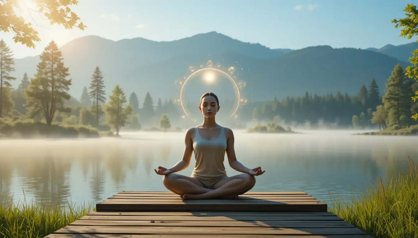 A person meditating by a calm lake, surrounded by lush greenery and soft sunlight, symbolizing mindfulness, inner peace, and awareness.