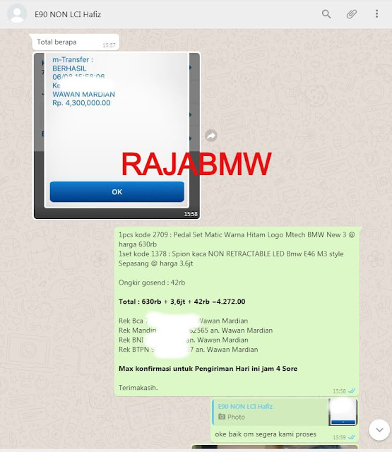 Bukti Transaksi Pembelian Spion BMW E46 di Rajabmw
