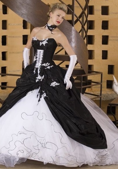 Black and White Strapless Gothic Wedding Dress