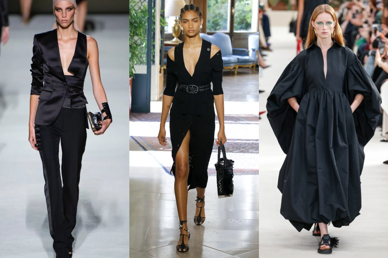 three total black outfit ideas from runway show