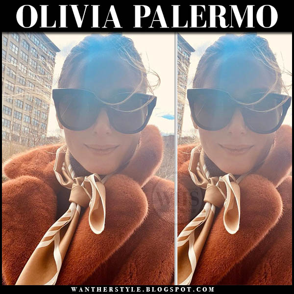 Olivia Palermo in burnt orange fur coat and silk scarf