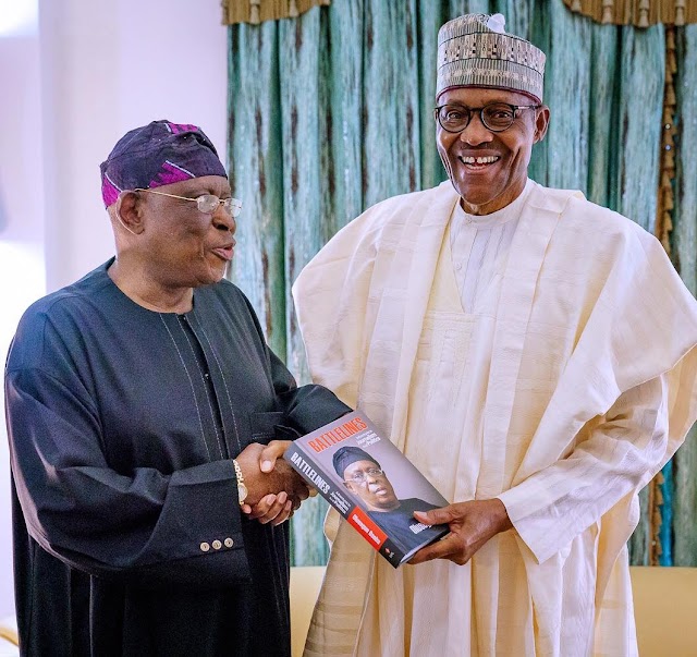 PHOTO NEWS: Osoba Visits President Buhari, Presents Him A Copy Of His Memoir.