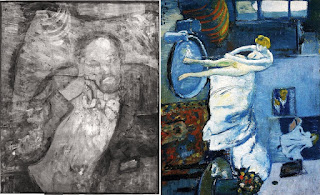 X ray image of the Blue Room painting of Pablo Picasso, 1901. X ray shows a man beneath the canvas, who is Ambroise Vollard.