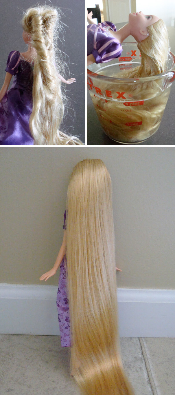 18 Hilarious Hacks Prove That Some Parents Are Geniuses - Water And Conditioner Can Get A Doll's Tangles Out Easily