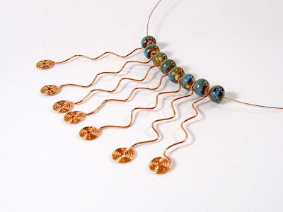 Copper Wire Necklace, Zigzag Necklace, Copper Spirals, Blue Porcelain