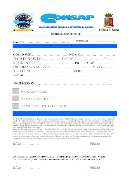 Scarica il modulo adesione al Sindacato della Polizia di Stato CONSAP Socio Onorario - Socio Sotenitore - Socio Effettivo in Congedo (clicca sull'immagine del modulo)