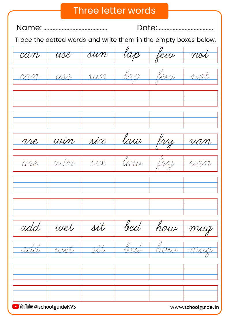 Three Letter Words Cursive Worksheets