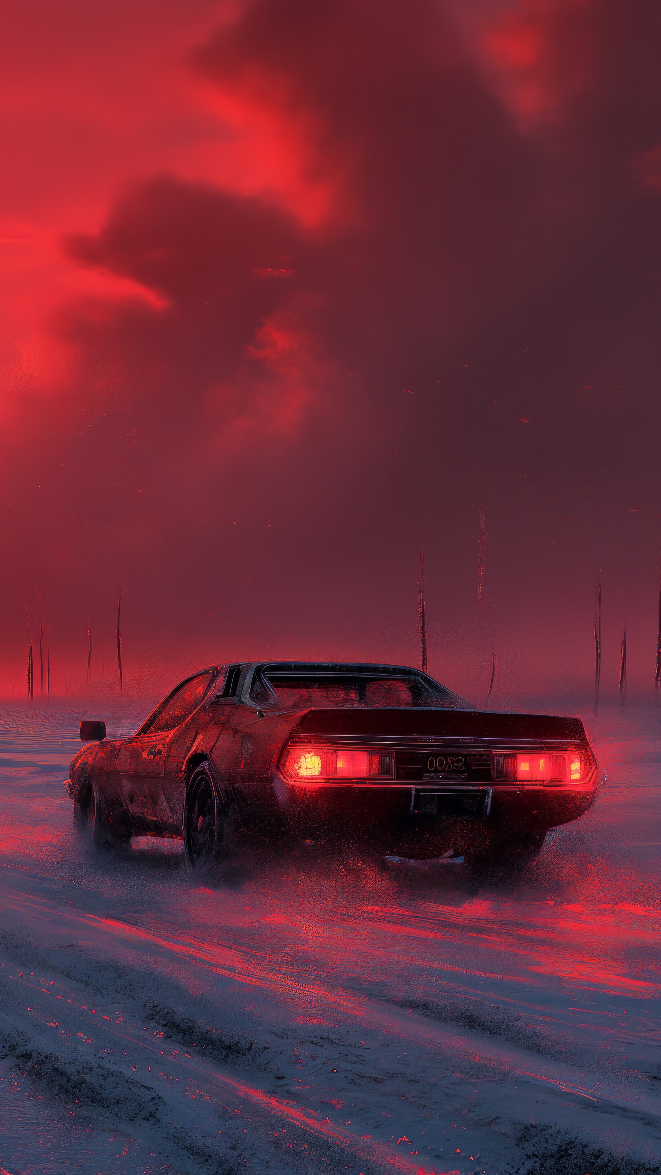 Muscle Car Ice Road Red Moon 4K Android Mobile Phone