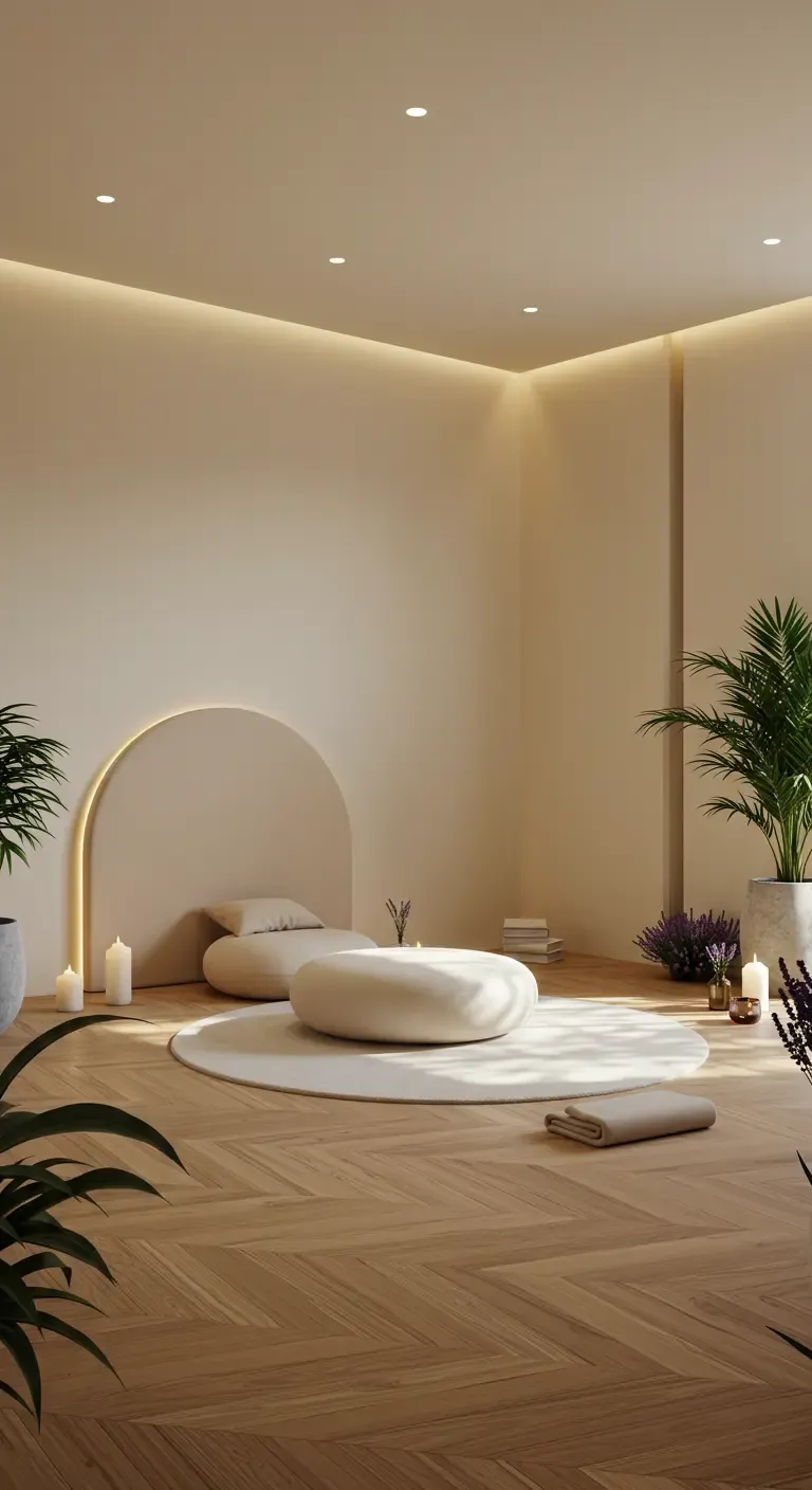 Softly Lit Archway Meditation Room with Round Rug