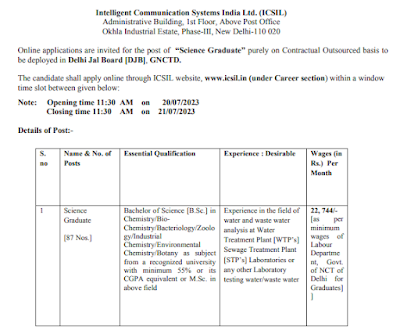 ICSIL Science Graduate 2023 Online Form   Total Vacancy: 87  Intelligent Communication Systems India Limited (ICSIL) has advertised a notification for the recruitment of Science Graduate vacancy on Contractual Outsourced basis. Those Candidates who are interested in the vacancy details & completed all eligibility criteria can read the Notification & Apply Online.  Intelligent Communication Systems India Limited (ICSIL) Science Graduate Vacancy 2023 Application Fee