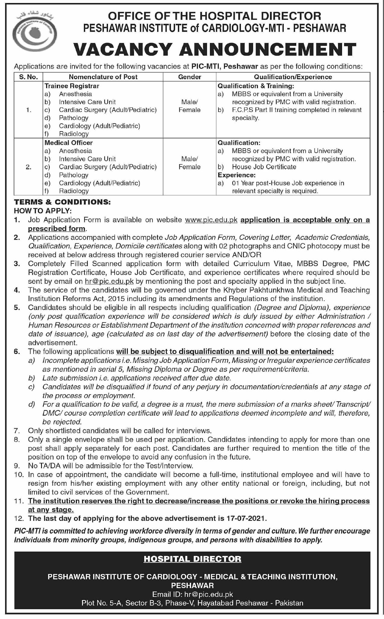 Peshawar Institute Of Cardiology Jobs 2021