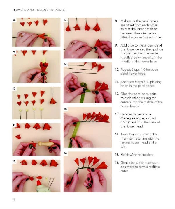 step-by-step book page instructions for making a paper freesia stem