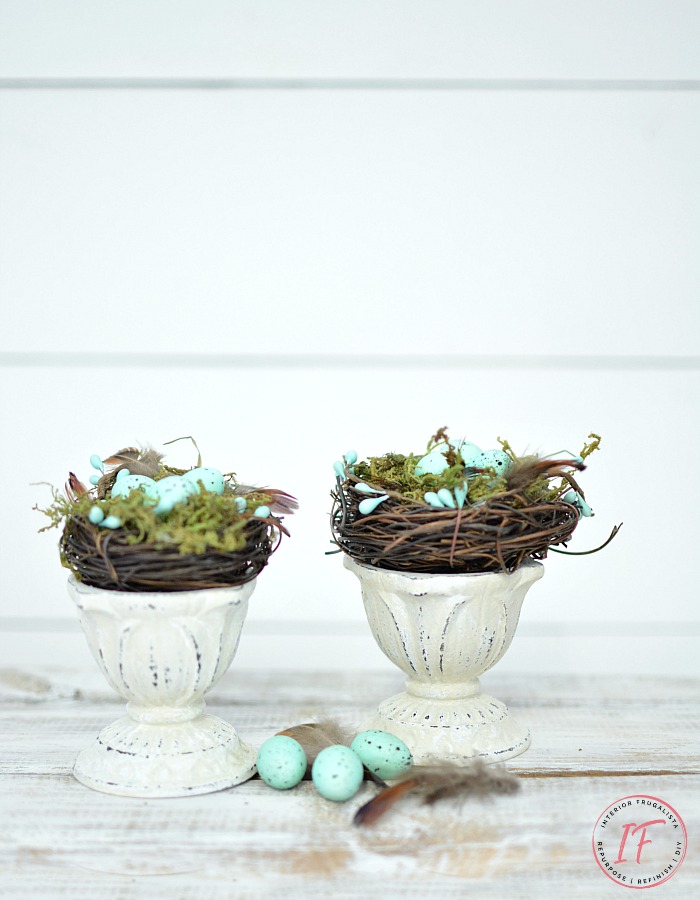 Farmhouse Spring Nest Decor on a budget with upcycled succulent pots and dollar store bird nest florals. A quick and easy Spring decor idea.