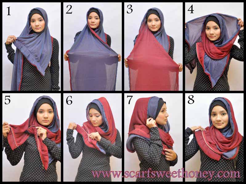 Cara memakai jilbab 2 warna