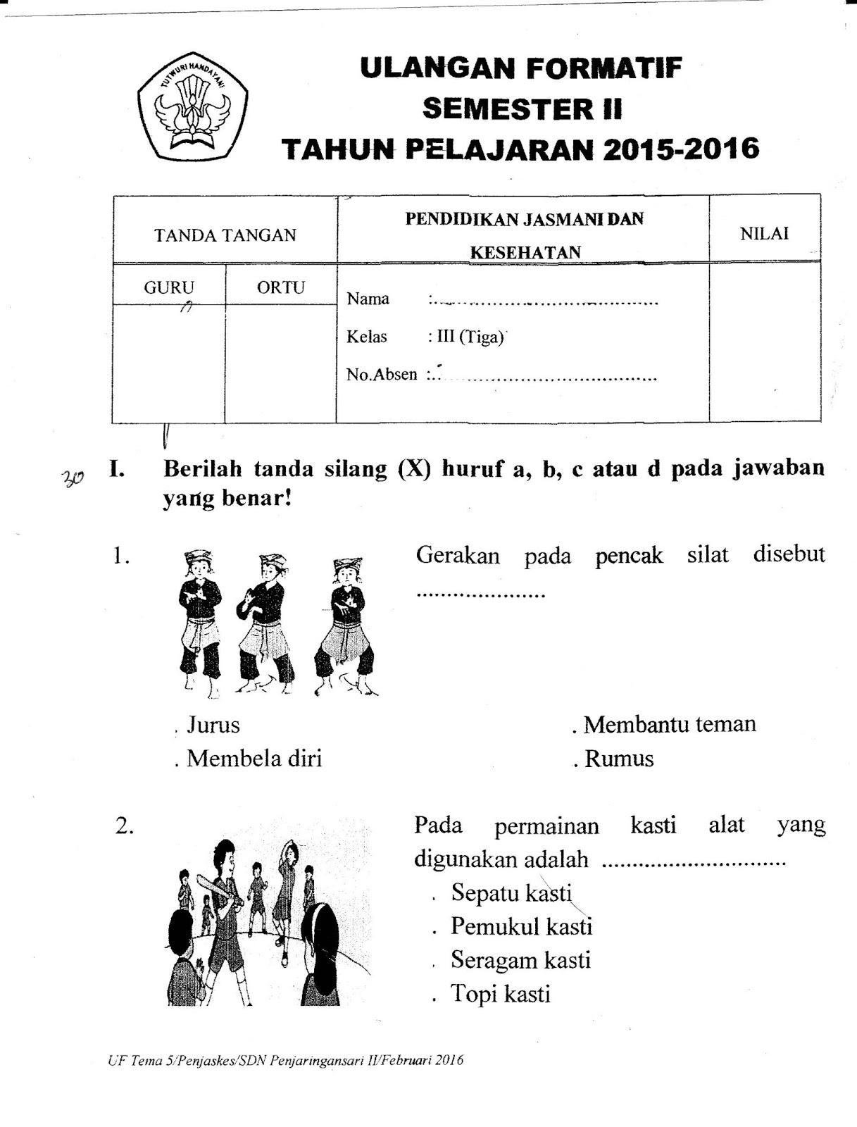 Soal Uas Ukk Pjok Penjaskes Kelas 3 Sd Semester 1 Dan Kunci Jawaban S Kom Selamat Datang Di Web Sunarto