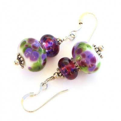 spotted purple green white artisan lampwork earrings