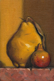 Still life oil painting of a quince beside a small pomegranate.