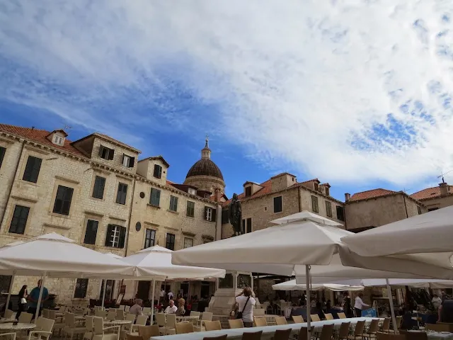 Square covered in white umbrellas on a holiday to Dubrovnik