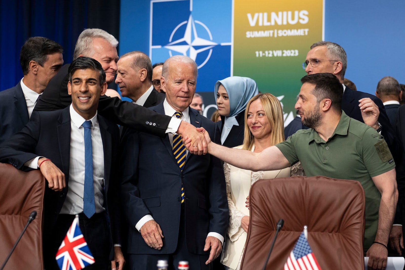 President Volodymyr Zelensky of Ukraine, right, with G7 leaders at the NATO summit in Vilnius, Lithuania, on Wednesday
