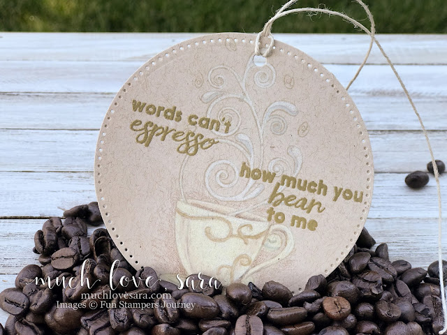 Coffee themed handmade gift tag, created with the Espresso Swirls ATS Stamp Set, available from Fun Stampers Journey EXCLUSIVELY as a Bloom Benefit - spend $75 or more on any FSJ products, and choose this stamp set as a free bonus!  Tag features no line coloring technique on kraft Oatmeal Cookie card stock.