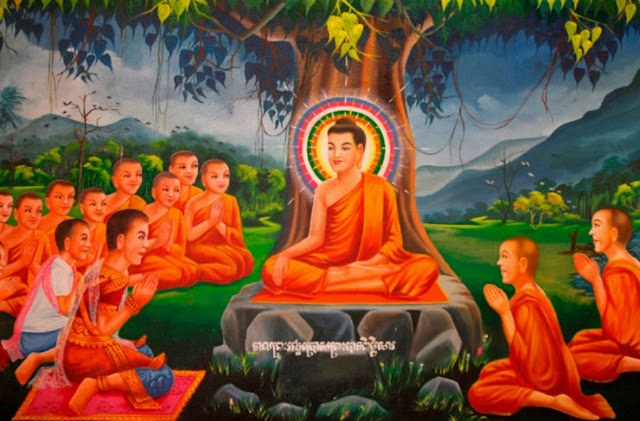 Изображение царя Бимбисары, предлагающего свое королевство Магадху Будде.
