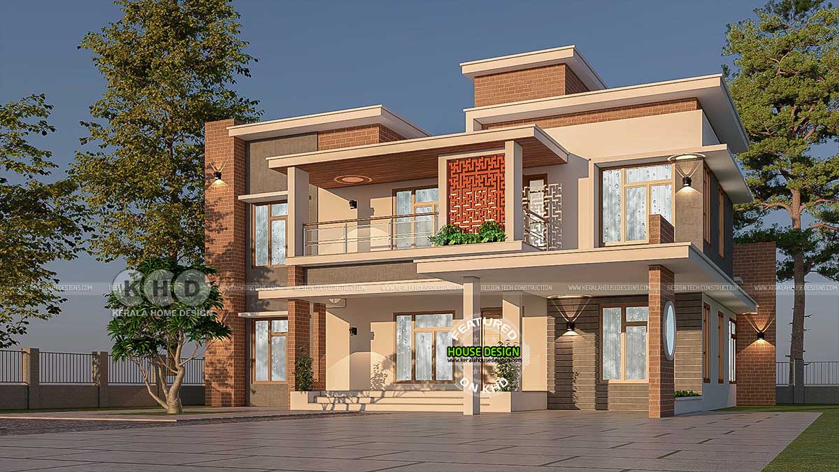 Exterior View of 5 BHK Flat Roof Style House with Red Rubblestone and Designer Clay Jali