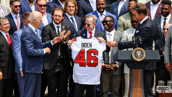 The Tampa Bay Buccaneers present a customized jersey to President Biden at the White House...on July 20, 2021.