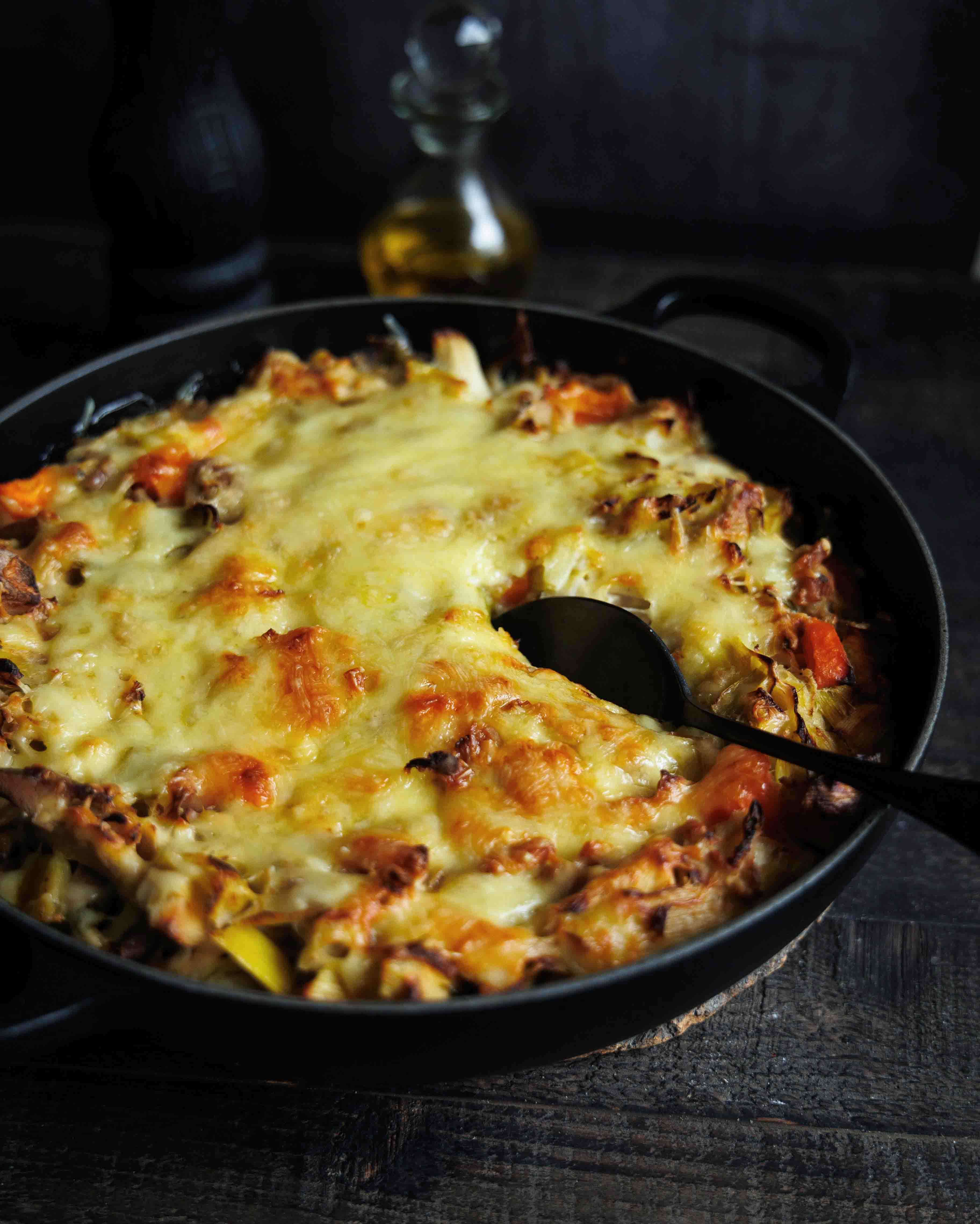 gratin , poulet, légumes