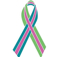 A ribbon of lime green and teal is overlaid with a thin ribbon of pink