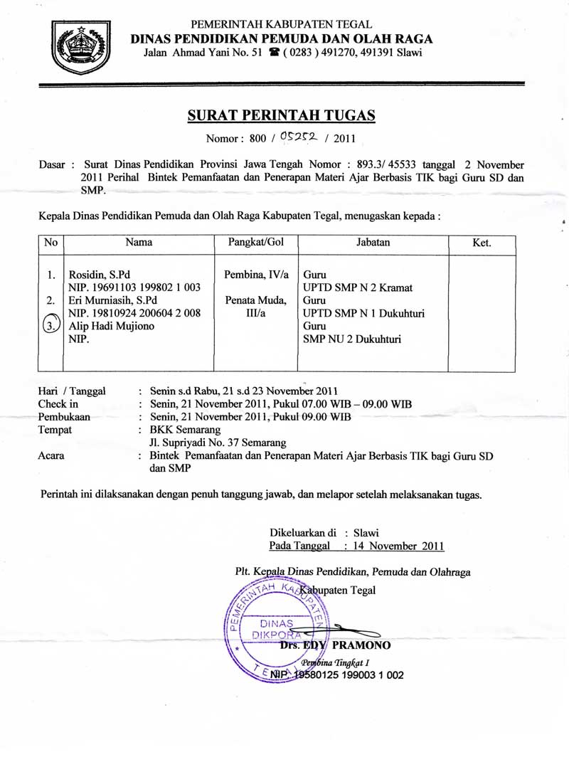 Surat Tugas Dinas Untuk ikut Bintek  SMP NU 02 Dukuhturi