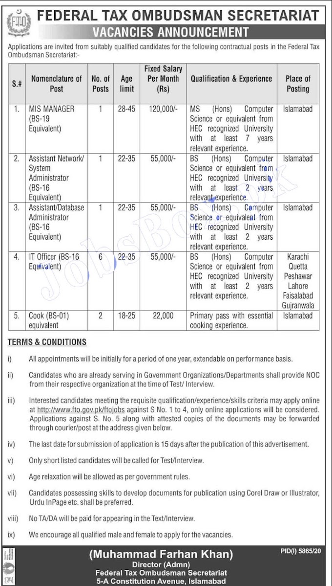 Jobs in Pakistan Federal Tax Ombudsman Secretariat Jobs 2021