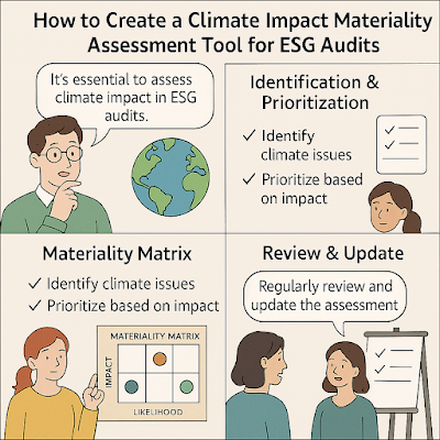 "A four-panel comic titled 'How to Create a Climate Impact Materiality Assessment Tool for ESG Audits.' Panel 1: A person states, 'It’s essential to assess climate impact in ESG audits,' next to an image of the Earth. Panel 2: Titled 'Identification & Prioritization,' a checklist emphasizes identifying climate issues and prioritizing based on impact. Panel 3: Titled 'Materiality Matrix,' a woman points to a graph showing issues plotted by impact and likelihood. Panel 4: Titled 'Review & Update,' two people discuss the importance of regularly reviewing and updating the assessment."