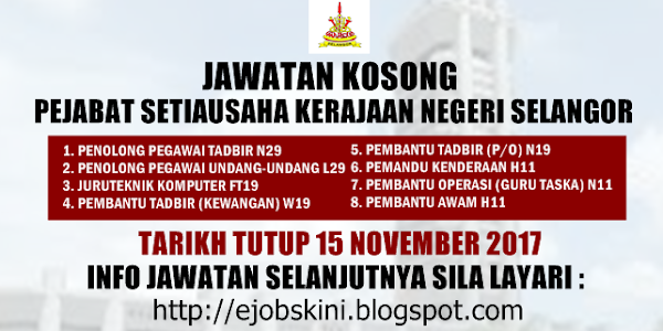 Jawatan Kosong Terkini di SUK Selangor - 15 November 2017