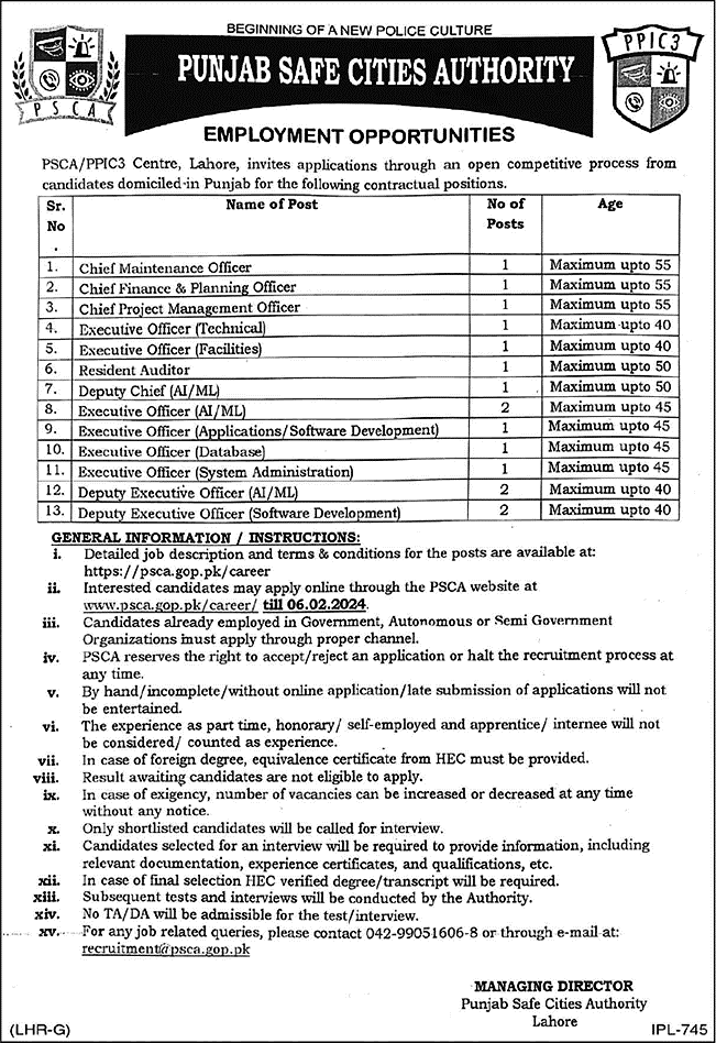 Punjab Safe City Authority Jobs 2024