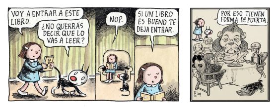 Viñeta de Macanudo donde nos explica por qué los libros tienen forma de puerta, pues a ellos se entra