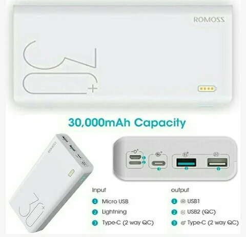 Romoss 30000mAh PHP30 PRO Sense 8+ Power Bank with Auto Off - Portable 18W Mobile Battery Charger for Phones and Tablets