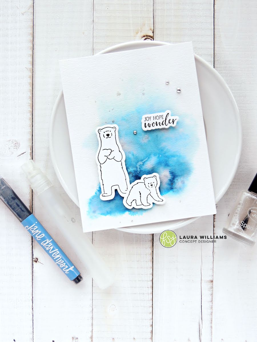 Sweet and simple handmade card for winter or christmas, using polar bear stamps from FSJ. Called Arctic Wonder, this clear photopolymer stamp set is the highest quality and stamps crisply. Grab it from the FSJ + Spellbinders shop, and visit my blog to see how to create this simple card with a watercolor background. #funstampersjourney #spellbinders #cardmaking