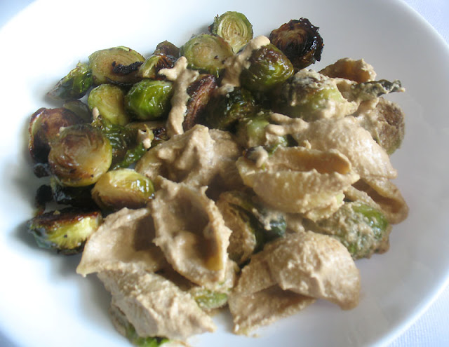 Vegan Cashew Alfredo Sauce with Crispy Roasted Brussels and Shell Pasta