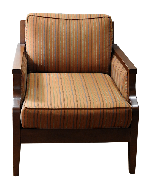 An office or lobby type armchair with orange and brown striped material with a wood frame in darker brown.