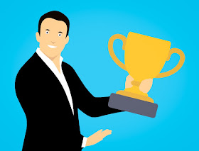 Funny cartoon of a man holding a trophy, reward