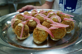 Red Bean & Rice Balls topped with Jay D's Barbecue Aiolï and Pickled Red Onions