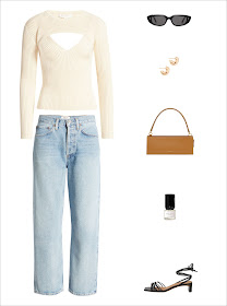 How to Transition a Cool Sweater From Summer to Fall — Outfit idea with under $100 cutout sweater, black oval sunglasses, chunky hoop earrings, a sleek mini bag, '90s-inspired jeans, and black strappy sandals