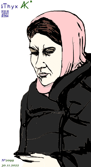 Озадаченная телефоном женщина, в чёрном пуховике и розовом платке на голове. Автор рисунка: художник Андрей Бондаренко #iThyx