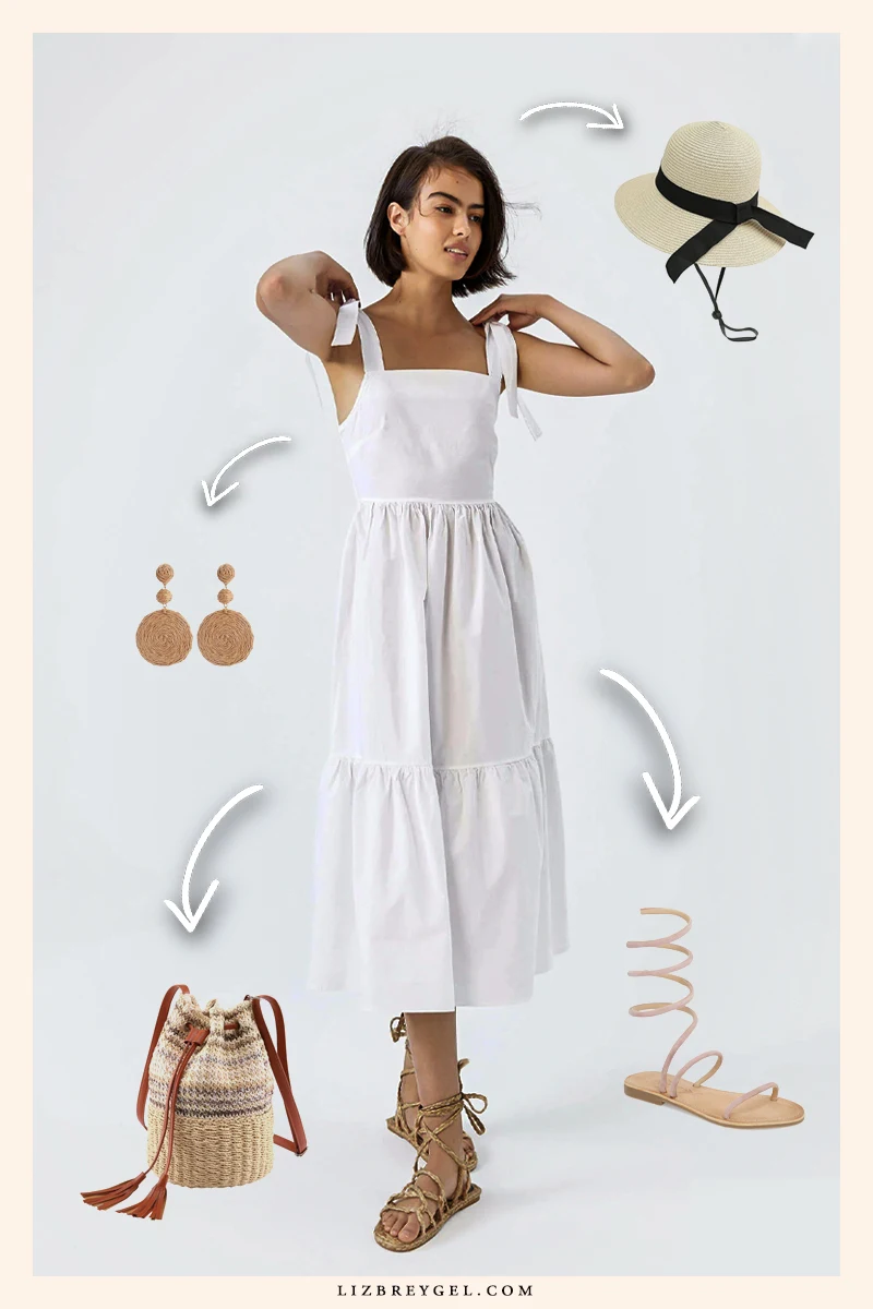 fashion collage demonstrating how to style little white dress for effortless summer style