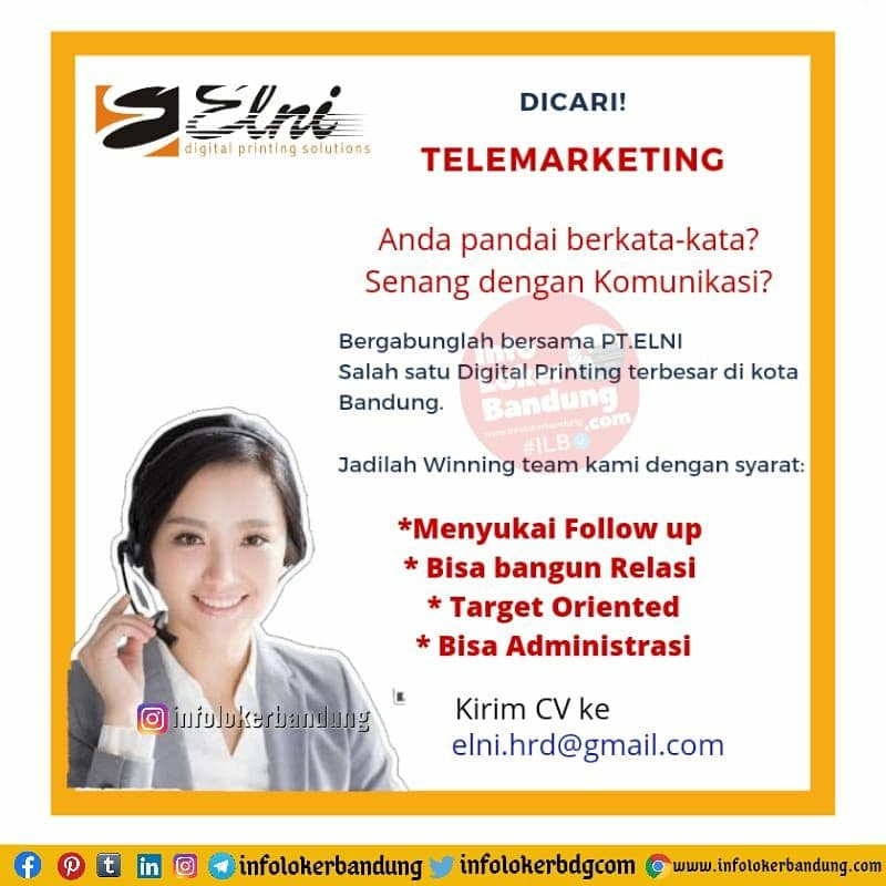 Lowongan Kerja Telemarketing PT. ELNI Digital Printing Bandung Maret 2021